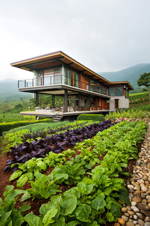 A contemporary house with expansive windows sits atop vibrant rows of fresh produce, set against a backdrop of verdant mountains.の素材