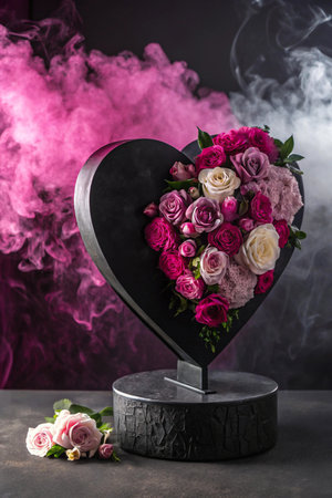 A striking heart shaped display filled with vibrant pink and red flowers, set against a backdrop of dramatic pink smoke.の素材