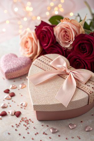 A heart-shaped gift box with a satin ribbon, surrounded by roses, heart candies, and sparkling lights.の素材