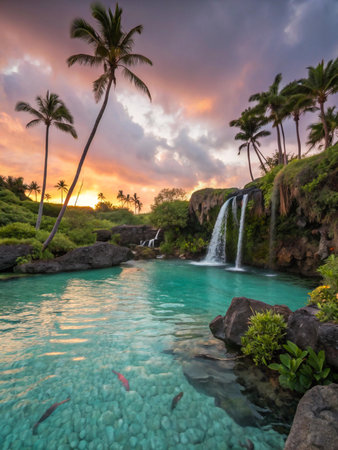 A serene tropical oasis with a cascading waterfall, crystal clear turquoise water, and palm trees silhouetted against a vibrant sunset sky.の素材