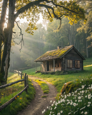 A charming, weathered wooden cabin with a mossy roof sits in a peaceful forest clearing bathed in warm sunlight.の素材