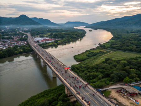 An aerial view captures a long bridge crossing a wide river, surrounded by verdant hills and a cloudy sky.の素材