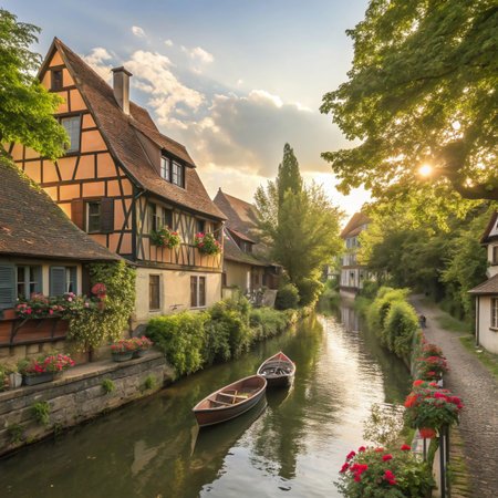 A picturesque European canal lined with colorful half-timbered houses and lush greenery, bathed in warm sunlight.の素材