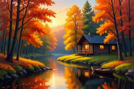 A warm, inviting cabin nestled beside a tranquil river, surrounded by vibrant autumn foliage and bathed in golden light.の素材