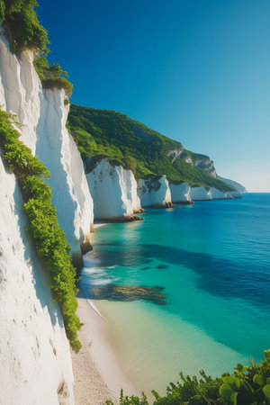 Dramatic white cliffs covered in lush green vegetation overlook a serene bay with crystal clear turquoise waters and a sandy beach.の素材