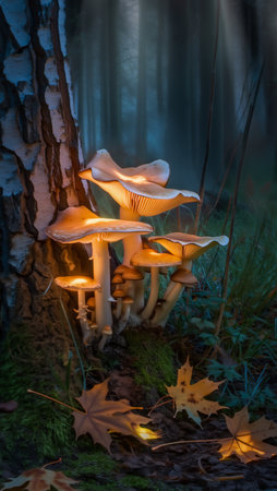 Bioluminescent mushrooms cast an ethereal glow on a mossy forest floor, creating a magical and enchanting scene.の素材