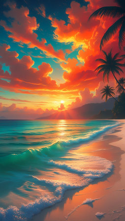A breathtaking sunset paints the sky with fiery colors, reflecting on the gentle waves of a tropical beach.の素材