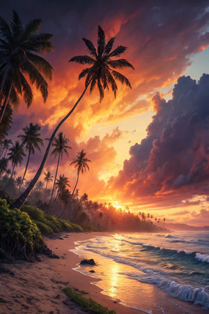 A breathtaking tropical beach scene at sunset with dramatic clouds, palm trees, and glowing ocean waves.の素材