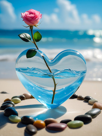 A single pink rose floats in a heart-shaped glass vase filled with water, placed on a sandy beach with the ocean in the background.の素材