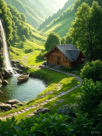 A secluded wooden cabin nestled in a lush green valley with a cascading waterfall and a serene pond.の素材