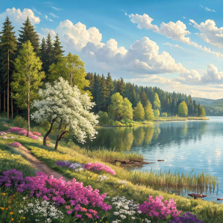 A picturesque scene of a calm lake reflecting a vibrant sky, bordered by a forest and a hillside covered in colorful wildflowers.の素材