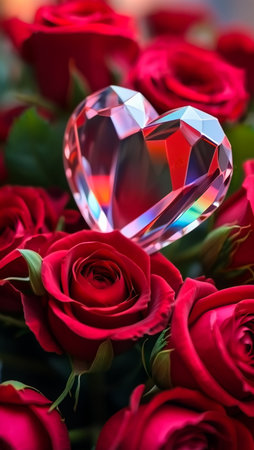A clear crystal heart sparkles with light, resting atop a bed of deep red roses, symbolizing love and romance.の素材