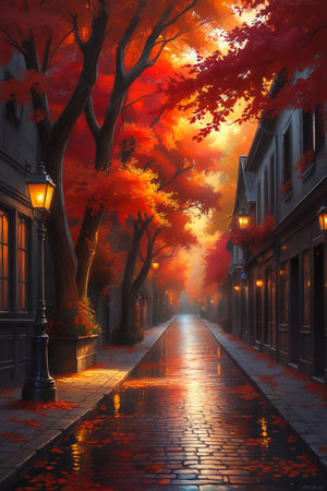 A picturesque street lined with trees displaying vibrant red foliage, illuminated by warm streetlights and reflecting on wet cobblestones.の素材