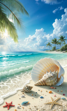 A serene tropical beach with clear turquoise water, white sand, seashells, starfish, and lush palm trees under a bright blue sky.の素材