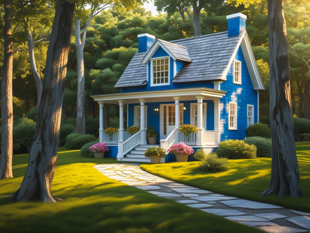 A quaint blue cottage with white trim and a welcoming porch sits in a lush, green forest bathed in warm sunlight.の素材