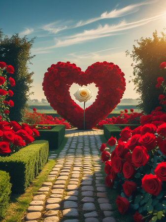 A stone pathway winds through a lush garden filled with red roses, leading to a large heart-shaped arch adorned with flowers.の素材