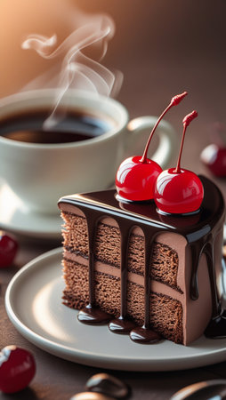 A rich chocolate cake slice topped with cherries and drizzled with chocolate sauce, served with a steaming cup of coffee.の素材