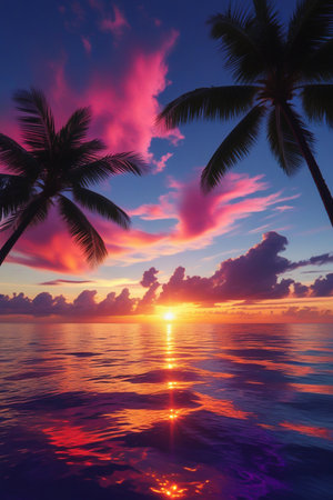 A breathtaking tropical sunset paints the sky with vibrant pinks and oranges, reflected on the tranquil ocean surface, silhouetting palm trees.の素材