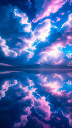 A stunning, surreal sky with pink and blue clouds is perfectly reflected on a still, dark body of water.の素材