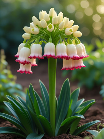 A single tall stem holds a cluster of delicate bell-shaped flowers with pink edges in a garden setting.の素材