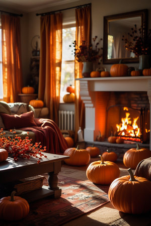 A warm and inviting living room decorated for fall, featuring a crackling fireplace, plush seating, and an abundance of pumpkins.の素材