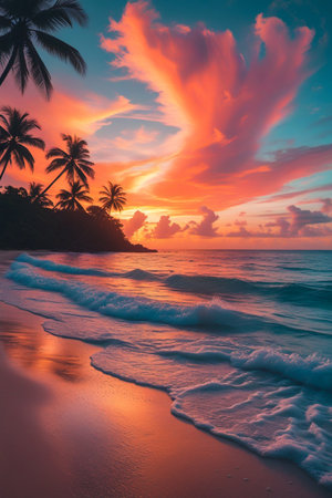 A breathtaking sunset paints the sky with fiery oranges and pinks over a tranquil tropical beach with silhouetted palm trees.の素材