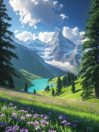 A breathtaking mountain vista featuring a vibrant turquoise lake, lush green meadows, and a field of wild purple and pink flowers.の素材