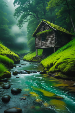 An old wooden cabin with a moss-covered roof sits by a clear, flowing stream in a lush, green forest.の素材