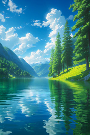 A tranquil mountain lake reflects the vibrant blue sky, fluffy clouds, and lush green trees on a sunny day.の素材
