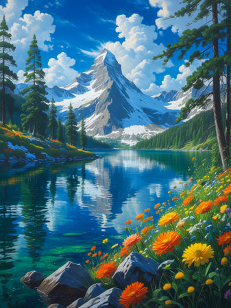 A stunning oil painting depicts a serene mountain lake reflecting a majestic peak, surrounded by lush pine trees and colorful wildflowers.の素材