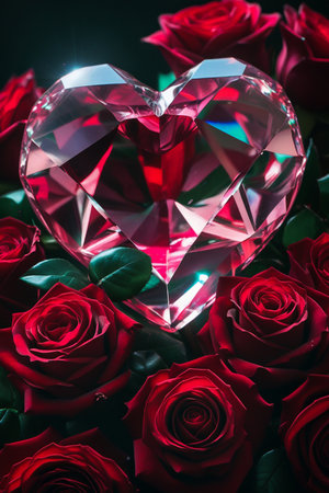 A brilliant, faceted diamond in the shape of a heart rests atop a bed of deep red roses.の素材