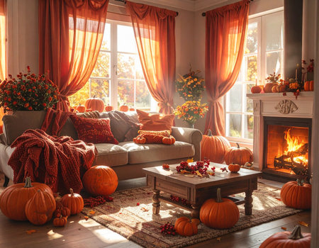 Warm sunlight streams through orange curtains illuminating a cozy living room decorated for fall with pumpkins and a crackling fireplace.の素材