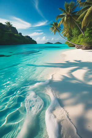 A serene tropical beach with crystal clear turquoise waters, white sand, and lush green palm trees under a bright blue sky.の素材
