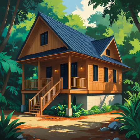 A charming wooden cabin with a porch and stairs, surrounded by vibrant green foliage and dappled sunlight.の素材