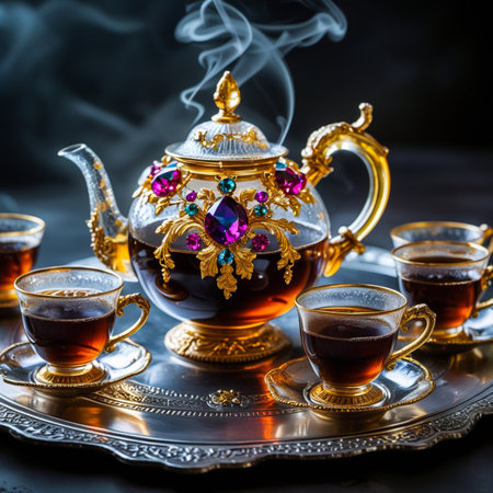 A beautifully decorated glass teapot filled with dark tea, surrounded by matching cups on a silver tray, with steam rising.の素材
