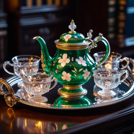 A vintage emerald green teapot adorned with floral designs sits with crystal teacups on a polished silver tray.の素材