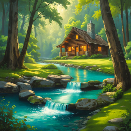 A cozy, illuminated cabin nestled in a lush green forest beside a vibrant, cascading stream with rocky edges.の素材
