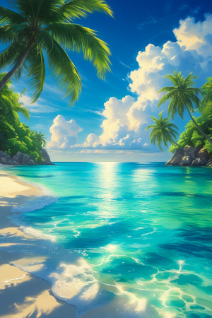 A serene tropical beach scene with lush green islands, white sand, and sparkling turquoise ocean under a bright blue sky.の素材