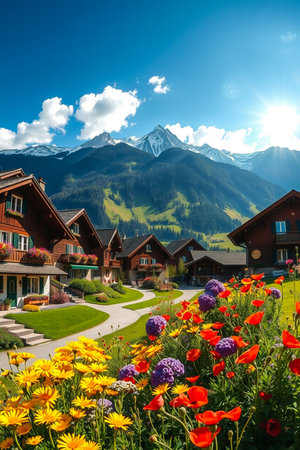 A charming alpine village nestled amidst vibrant wildflowers with snow-capped mountains in the background under a clear blue sky.の素材