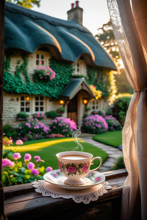A charming teacup sits on a windowsill overlooking a picturesque cottage and a vibrant, blooming garden in soft sunlight.の素材