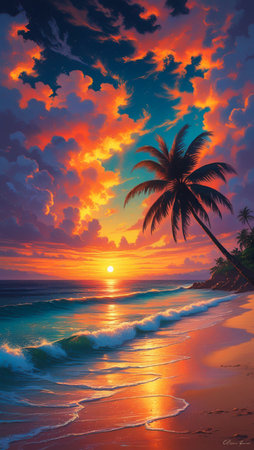 A breathtaking tropical sunset paints the sky with fiery colors, casting a warm glow on the ocean and sandy shore.の素材