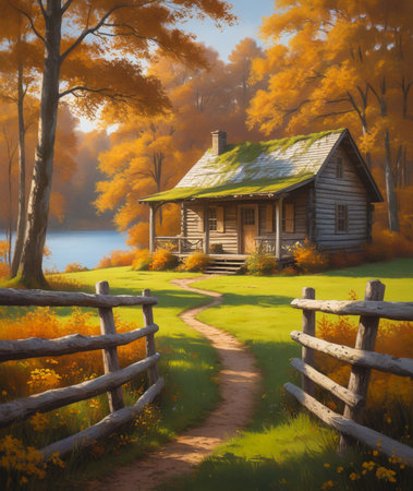 A charming log cabin sits by a tranquil lake, surrounded by trees ablaze with fall colors.の素材