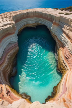 A stunning natural sea cave reveals a vibrant turquoise pool surrounded by layered, weathered rock formations under a clear blue sky.の素材