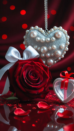 A luxurious heart ornament adorned with pearls hangs above a deep red rose, surrounded by rose petals and a smaller heart.の素材
