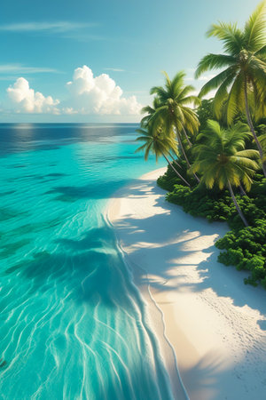 A breathtaking view of a pristine tropical beach with crystal clear turquoise waters, white sand, and lush palm trees under a bright blue sky.の素材
