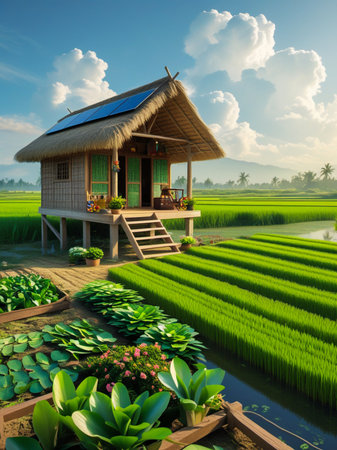 A small wooden hut stands on stilts amidst lush green rice fields and garden beds under a bright, cloudy sky.の素材