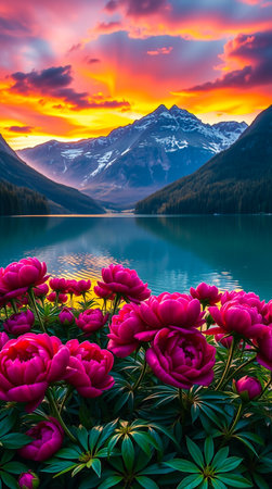 A stunning sunrise paints the sky with vibrant colors over a serene mountain lake, framed by lush pink flowers in the foreground.の素材