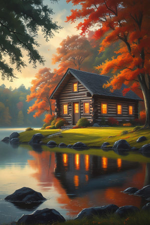 A rustic log cabin glows with warm light beside a tranquil lake, surrounded by vibrant autumn foliage.の素材
