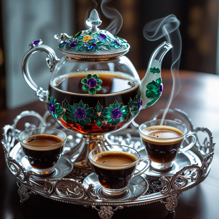 A beautifully decorated glass teapot and three small cups filled with dark coffee, emitting steam, are presented on an ornate silver tray.の素材