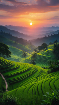 A breathtaking sunset casts warm hues over rolling hills covered in vibrant green agricultural terraces.の素材